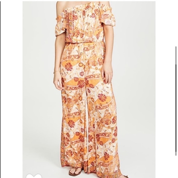 Free People Carmen Vibrant Orange Boho print off the shoulder Wide Leg Jumpsuit - Picture 3 of 11